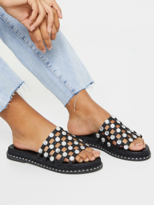 Black Diamante Studded Slides