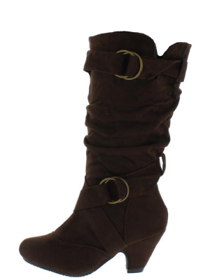 Pauline38 Brown Dual Buckle Knee High Kids Boot