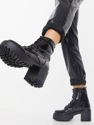 Koi Footwear Vegan Lace Up Chunky Boots In Black Croc