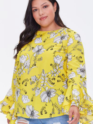 Plus Size Floral Bell-sleeve Top