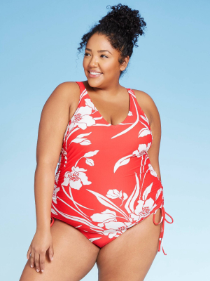 Women's Plus Size Side Cinch One Piece Swimsuit - Kona Sol™ Red Floral