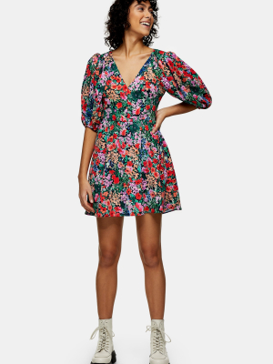 Floral Print Volume Sleeve Mini Dress