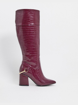 Asos Design Collins Block Heel Knee Boots In Purple Croc
