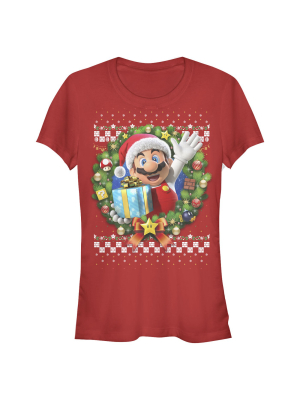 Junior's Nintendo Ugly Christmas Mario Wreath T-shirt