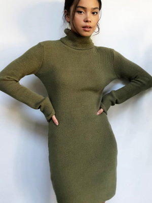 Khaki Soft Knit Ribbed Roll Neck Mini Dress