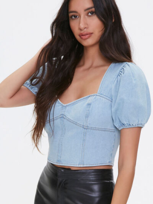 Denim Puff-sleeve Crop Top