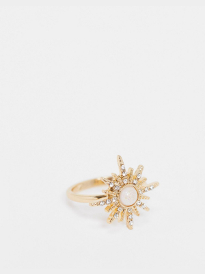 Asos Design Ring With Opal Sunburst Design In Gold Tone