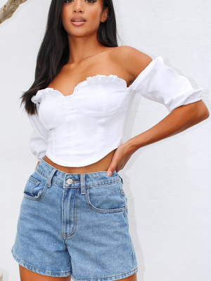 Petite White Ruffle Bandeau Corset Style Denim Top