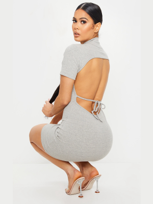 Grey Thick Rib Short Sleeve Open Back Bodycon...