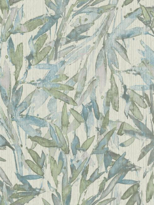 Rainforest Leaves Wallpaper In Light Blue And Muted Green From The Natural Opalescence Collection By Antonina Vella For York Wallcoverings