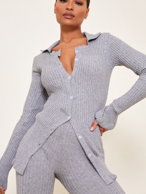 Grey Ribbed Knitted Long Sleeve Cardigan