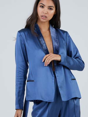 Silk Velvet Trim Smoking Jacket - Caspian Blue