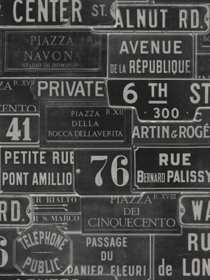 Vintage Signs Wallpaper In Anthracite From The Eclectic Collection By Mind The Gap