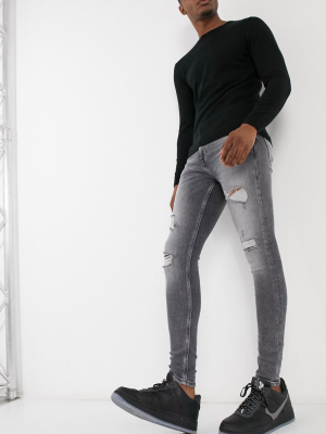 River Island Spray On Jeans With Rips In Gray