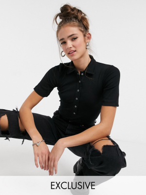 Reclaimed Vintage Inspired Polo Short Sleeve Bodysuit In Black