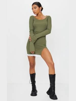 Khaki Rib Lace Split Hem Bodycon Dress