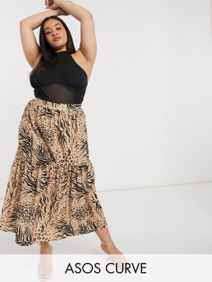 Asos Design Curve Maxi Skirt In Animal Print