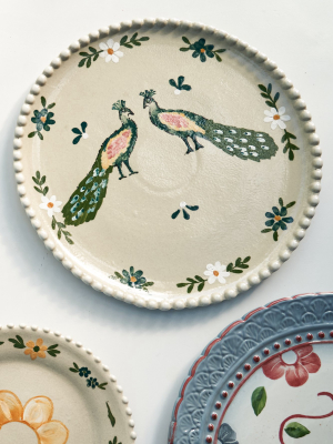 Handpainted Ivory Peacocks Dinner Plate