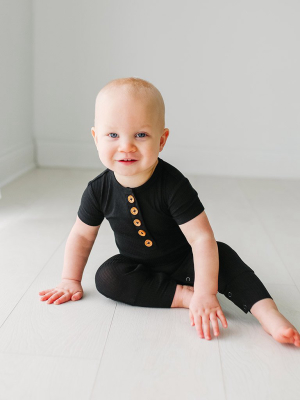 Black Ribbed Short Sleeve Henley Romper