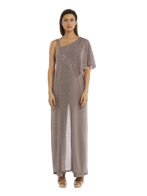 Asymmetric Jumpsuit With Sequined Overlay And Draped Shoulder
