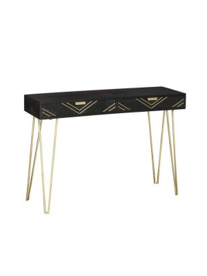 Set Of 2 Wooden Console Tables With 2 Drawers And Mirror Gold/black - Benzara