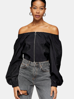 Black Nylon Zip Crop Blouse