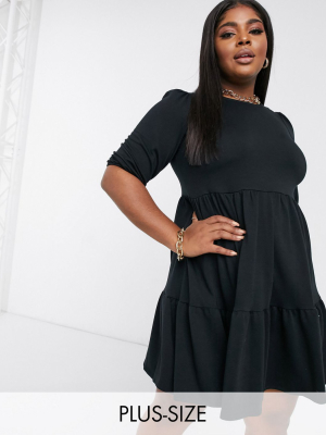 New Look Curve Long Sleeve Tiered Smock Dress In Black