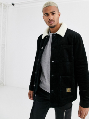 Topman Fleece Lined Cord Trucker Jacket In Black