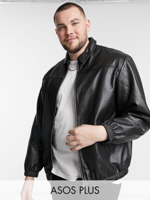 Asos Design Plus Leather Harrington Jacket In Black