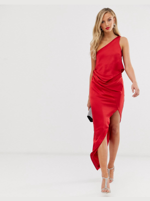 Asos Design One Shoulder Drape Midi Dress In Satin In Red