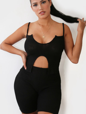 Shape Black Brushed Rib Strappy Cut Out Top