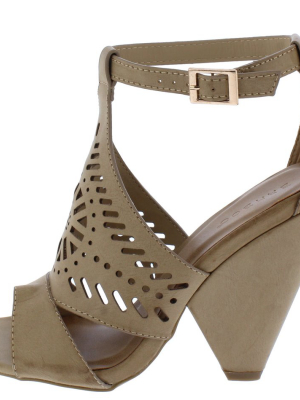 Involve06m Light Taupe Distressed Peep Toe Laser Cut Ankle Strap Angled Heel