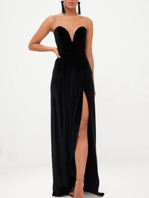 Black Velvet Draped Wrap Detail Bandeau Maxi Dress