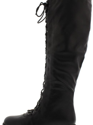 Travis05b Black Pu Lug Sole Front Lace Up Knee High Boot
