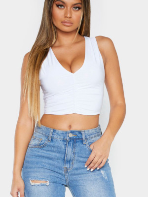 White Slinky Ruched Front V Neck Crop Top