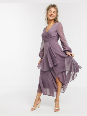 Asos Design Wrap Waist Midi Dress With Double Layer Skirt And Long Sleeve In Mauve