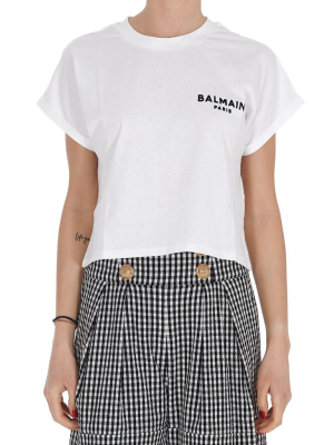 Balmain Logo Print Crewneck Cropped T-shirt