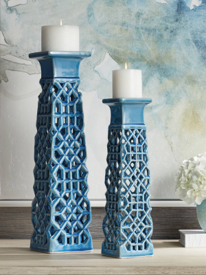 Dahlia Studios Lachlan Light Blue Ceramic Pillar Candle Holders Set Of 2