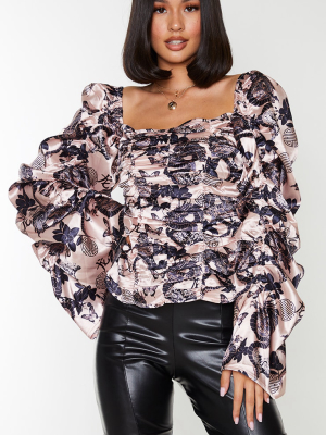 Nude Woven Print Ruched Front Puff Sleeve Top