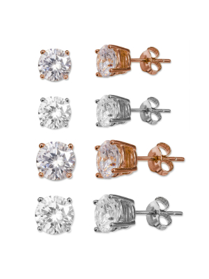 Women's Set Of Four Stud Earrings With Cubic Zirconia In Sterling Silver And Rose Gold- Rose/silver (4mm)