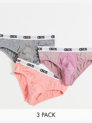 Asos Design 3 Pack Briefs With Branded Waistband Save