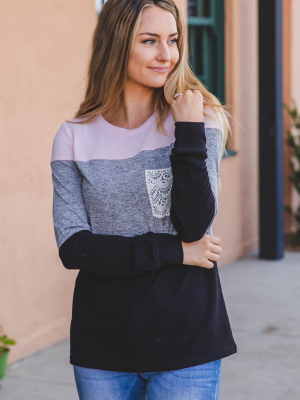 The Lace Pocket Colorblock Top - Pink/gray/black