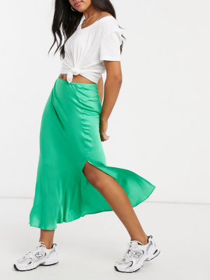 River Island Satin Side Split Midi Skirt In Green