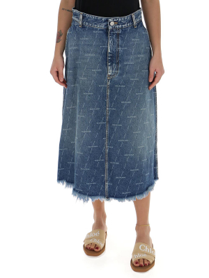 Balenciaga Allover Logo A-line Denim Skirt