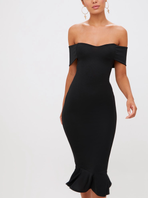Black Bardot Frill Hem Midi Dress