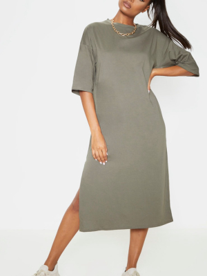 Khaki Oversized Midi T Shirt Dress