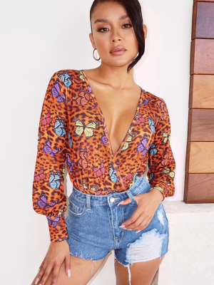 Multi Jersey Butterfly Printed Plunge Bodysuit