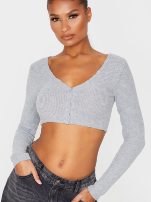 Grey Brushed Rib Button Up Long Sleeve Crop Top