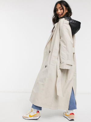 Asos Design Trench Coat With Detachable Leather Look Hood In Stone