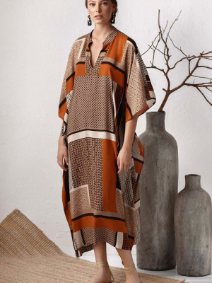 Patchwork Batwing Sleeve V Neck Maxi Caftan Cover Up